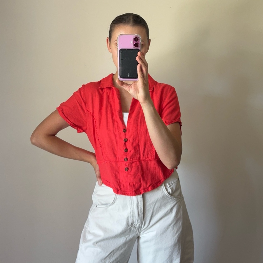 FP We The Free Annabelle Solid Short Sleeve Button-Up Top Women's Medium